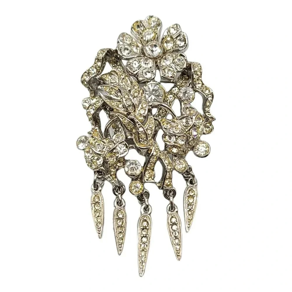 Designer Clear Rhinestone Flower Bouquet Heavy Dangle Vintage Brooch Numbered